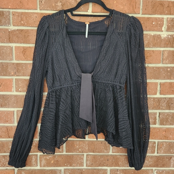 Free People Black Long Sleeve Flowy Low Cut Lace Top w/Bow - Picture 10 of 14